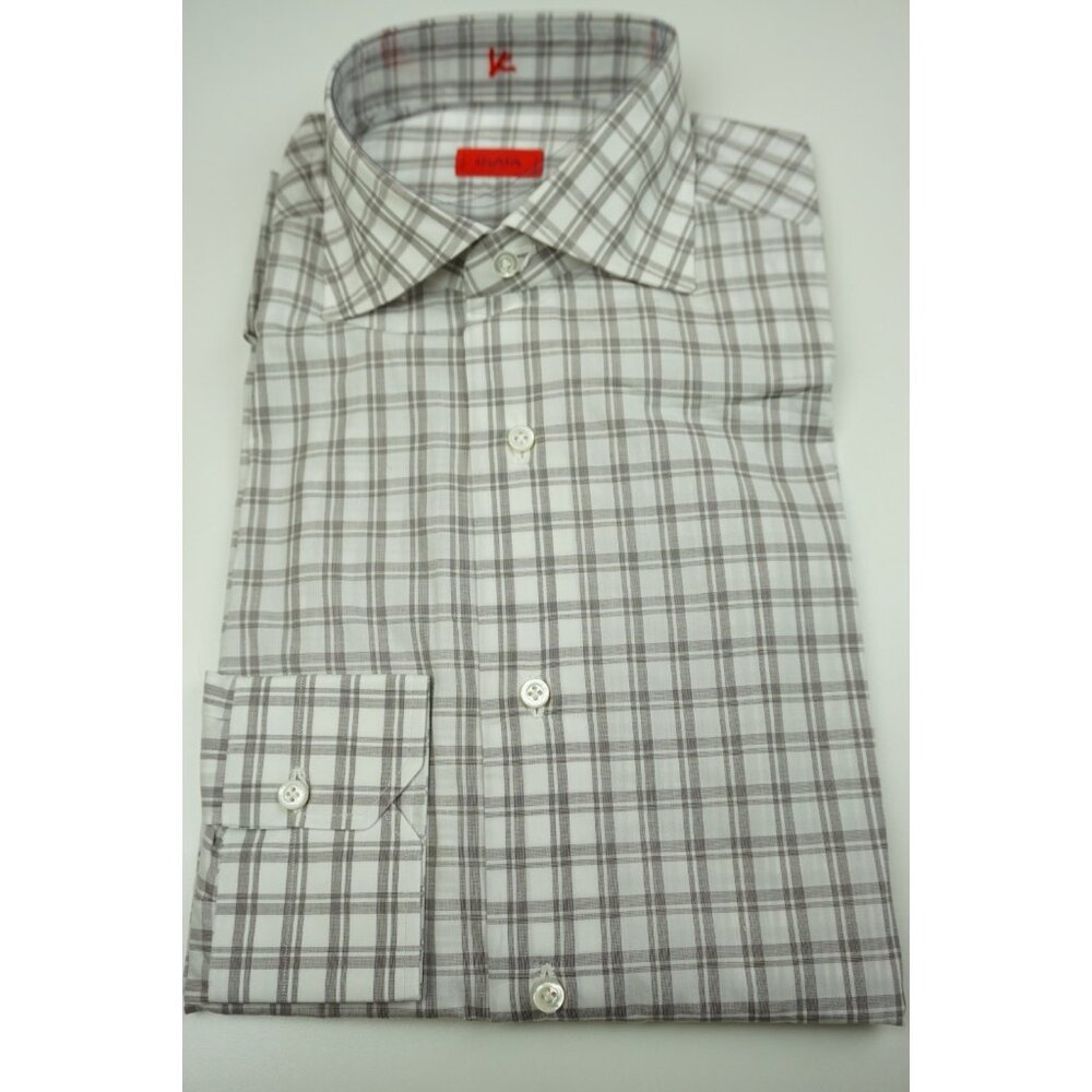 Isaia White Black Plaid Long Sleeve Cotton Dress Shirt 15.5/39 NEW